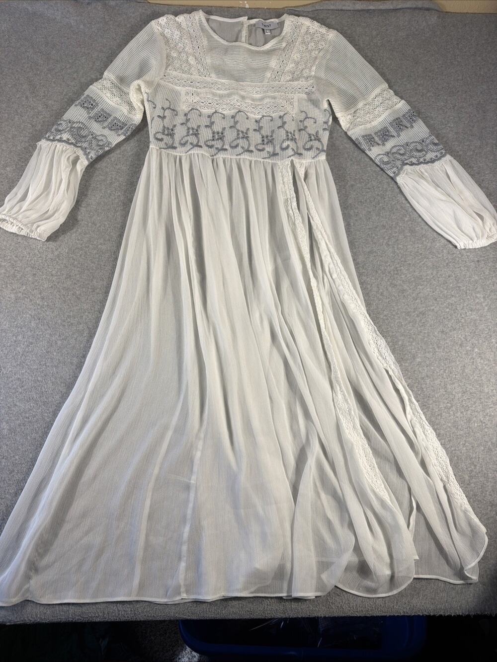 Ivory Embroidered Midi Dress with Sheer Lace Panels